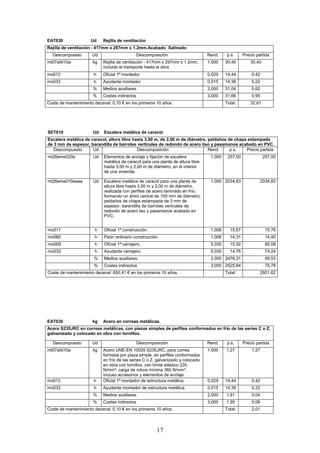 EAT030 Ud Rejilla de ventilación 
Rejilla de ventilación - 417mm x 297mm x 1.2mm.Acabado Satinado 
Descompuesto Ud Descomposición Rend. p.s. Precio partida 
mt07ali010a kg Rejilla de ventilación - 417mm x 297mm x 1.2mm, 
incluido el transporte hasta la obra 
17 
1,000 30,40 30,40 
mo012 h Oficial 1ª montador 0,029 14,44 0,42 
mo033 h Ayudante montador 0,015 14,38 0,22 
% Medios auxiliares 2,000 31,04 0,62 
% Costes indirectos 3,000 31,66 0,95 
Coste de mantenimiento decenal: 0,10 € en los primeros 10 años. 
Total: 32,61 
SET010 Ud Escalera metálica de caracol. 
Escalera metálica de caracol, altura libre hasta 3,00 m, de 2,00 m de diámetro, peldaños de chapa estampada 
de 3 mm de espesor, barandilla de barrotes verticales de redondo de acero liso y pasamanos acabado en PVC. 
Descompuesto Ud Descomposición Rend. p.s. Precio partida 
mt26eme020e Ud Elementos de anclaje y fijación de escalera 
metálica de caracol para una planta de altura libre 
hasta 3,00 m y 2,00 m de diámetro, en el interior 
de una vivienda. 
1,000 257,00 257,00 
mt26eme010eaaa Ud Escalera metálica de caracol para una planta de 
altura libre hasta 3,00 m y 2,00 m de diámetro, 
realizada con perfiles de acero laminado en frío, 
formando un árbol central de 100 mm de diámetro, 
peldaños de chapa estampada de 3 mm de 
espesor, barandilla de barrotes verticales de 
redondo de acero liso y pasamanos acabado en 
PVC. 
1,000 2034,83 2034,83 
mo011 h Oficial 1ª construcción. 1,006 15,67 15,76 
mo060 h Peón ordinario construcción. 1,006 14,31 14,40 
mo009 h Oficial 1ª cerrajero. 5,030 15,92 80,08 
mo032 h Ayudante cerrajero. 5,030 14,76 74,24 
% Medios auxiliares 2,000 2476,31 49,53 
% Costes indirectos 3,000 2525,84 75,78 
Coste de mantenimiento decenal: 650,41 € en los primeros 10 años. 
Total: 2601,62 
EAT030 kg Acero en correas metálicas. 
Acero S235JRC en correas metálicas, con piezas simples de perfiles conformados en frío de las series C o Z, 
galvanizado y colocado en obra con tornillos. 
Descompuesto Ud Descomposición Rend. p.s. Precio partida 
mt07ali010a kg Acero UNE-EN 10025 S235JRC, para correa 
formada por pieza simple, en perfiles conformados 
en frío de las series C o Z, galvanizado y colocado 
en obra con tornillos, con límite elástico 235 
N/mm², carga de rotura mínima 360 N/mm², 
incluso accesorios y elementos de anclaje. 
1,000 1,27 1,27 
mo012 h Oficial 1ª montador de estructura metálica. 0,029 14,44 0,42 
mo033 h Ayudante montador de estructura metálica. 0,015 14,38 0,22 
% Medios auxiliares 2,000 1,91 0,04 
% Costes indirectos 3,000 1,95 0,06 
Coste de mantenimiento decenal: 0,10 € en los primeros 10 años. 
Total: 2,01 
 