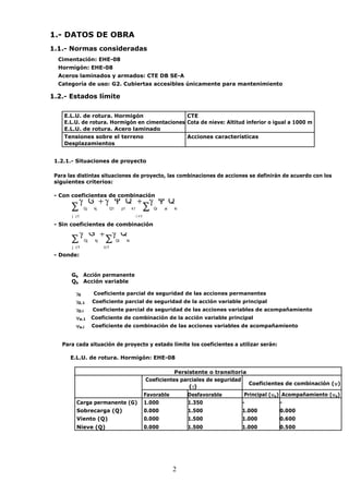 2 
1.- DATOS DE OBRA 
1.1.- Normas consideradas 
Cimentación: EHE-08 
Hormigón: EHE-08 
Aceros laminados y armados: CTE DB SE-A 
Categoría de uso: G2. Cubiertas accesibles únicamente para mantenimiento 
1.2.- Estados límite 
E.L.U. de rotura. Hormigón CTE 
E.L.U. de rotura. Hormigón en cimentaciones Cota de nieve: Altitud inferior o igual a 1000 m 
E.L.U. de rotura. Acero laminado 
Tensiones sobre el terreno Acciones características 
Desplazamientos 
1.2.1.- Situaciones de proyecto 
Para las distintas situaciones de proyecto, las combinaciones de acciones se definirán de acuerdo con los 
siguientes criterios: 
- Con coeficientes de combinación 
Σg 
Gj 
G 
kj 
+ g 
Q1 
Y 
p1 
Q 
k1 
+ Σg 
Qi 
Y 
ai 
Q 
ki 
j ³1 i 1 
- Sin coeficientes de combinación 
Σg 
Gj 
G 
kj 
+ Σg 
Qi 
Q 
ki 
j ³1 i³1 
- Donde: 
Gk Acción permanente 
Qk Acción variable 
gG Coeficiente parcial de seguridad de las acciones permanentes 
gQ,1 Coeficiente parcial de seguridad de la acción variable principal 
gQ,i Coeficiente parcial de seguridad de las acciones variables de acompañamiento 
yp,1 Coeficiente de combinación de la acción variable principal 
ya,i Coeficiente de combinación de las acciones variables de acompañamiento 
Para cada situación de proyecto y estado límite los coeficientes a utilizar serán: 
E.L.U. de rotura. Hormigón: EHE-08 
Persistente o transitoria 
Coeficientes parciales de seguridad 
Coeficientes de combinación (y) 
(g) 
Favorable Desfavorable Principal (yp) Acompañamiento (ya) 
Carga permanente (G) 1.000 1.350 - - 
Sobrecarga (Q) 0.000 1.500 1.000 0.000 
Viento (Q) 0.000 1.500 1.000 0.600 
Nieve (Q) 0.000 1.500 1.000 0.500 
 