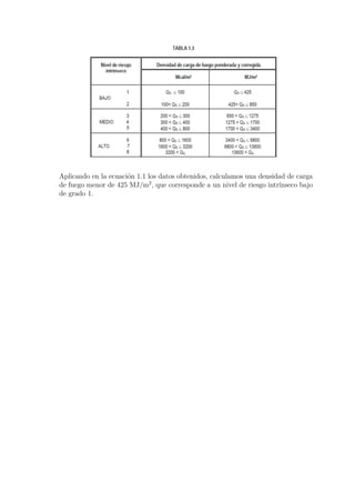 Aplicando en la ecuación 1.1 los datos obtenidos, calculamos una densidad de carga 
de fuego menor de 425 MJ/m2, que corresponde a un nivel de riesgo intrínseco bajo 
de grado 1. 
 