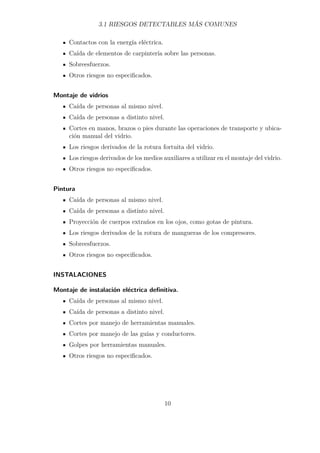 3.1 RIESGOS DETECTABLES MÁS COMUNES 
Contactos con la energía eléctrica. 
Caída de elementos de carpintería sobre las personas. 
Sobreesfuerzos. 
Otros riesgos no especificados. 
Montaje de vidrios 
Caída de personas al mismo nivel. 
Caída de personas a distinto nivel. 
Cortes en manos, brazos o pies durante las operaciones de transporte y ubica-ción 
manual del vidrio. 
Los riesgos derivados de la rotura fortuita del vidrio. 
Los riesgos derivados de los medios auxiliares a utilizar en el montaje del vidrio. 
Otros riesgos no especificados. 
Pintura 
Caída de personas al mismo nivel. 
Caída de personas a distinto nivel. 
Proyección de cuerpos extraños en los ojos, como gotas de pintura. 
Los riesgos derivados de la rotura de mangueras de los compresores. 
Sobreesfuerzos. 
Otros riesgos no especificados. 
INSTALACIONES 
Montaje de instalación eléctrica definitiva. 
Caída de personas al mismo nivel. 
Caída de personas a distinto nivel. 
Cortes por manejo de herramientas manuales. 
Cortes por manejo de las guías y conductores. 
Golpes por herramientas manuales. 
Otros riesgos no especificados. 
10 
 