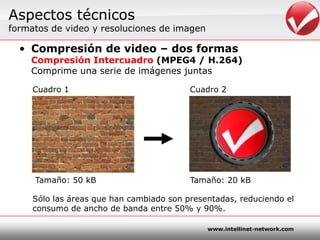 Aspectostécnicosformatos de video y resoluciones de imagenCompresión de video – dos formasCompresiónIntercuadro(MPEG4 / H.264)Comprimeunaserie de imágenes juntasCuadro1Cuadro2Tamaño: 20 kBTamaño: 50 kBSólolasáreasquehancambiado son presentadas, reduciendo el consumo de ancho de banda entre 50% y 90%.