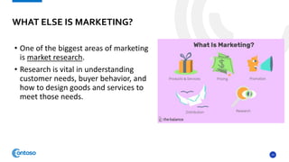 14
• One of the biggest areas of marketing
is market research.
• Research is vital in understanding
customer needs, buyer behavior, and
how to design goods and services to
meet those needs.
WHAT ELSE IS MARKETING?
 