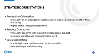 25
• Production Orientation
• philosophy of an organization that focuses on production efficiency rather than
marketing
• Higher profits through reduced costs
• Product Orientation
• Philosophy concerns with making the best possible product
• Increased sales through product improvement
• Sales Orientation
• Is a strategic view that focuses on short-term sales
• Sales technique and advertising
STRATEGIC ORIENTATIONS
 
