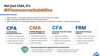 #FinancematlabMiles
Not just CMA, it’s
R
Certified Management
Accountant (CMA), US
Global finance professional
2 exams, 6-9 months timeline
@Miles, IMA’s Platinum Partner
Placements @MNCs
Certified Public
Accountant (CPA), US
US public accounting license
4 exams, 12-16 months timeline
@Miles, India's #1 CPA Review
Placements @Big 4 & MNCs
CPA Chartered Financial Analyst
(CFA), US
Investment management
3 levels, 2-3 years timeline
@Miles, exclusive India partner
of Kaplan Schweser
CFA
Financial Risk Manager
(FRM), US
Global standard for financial risk
2 exams, 3-6 months timeline
@Miles, exclusive India partner
of Kaplan Schweser
FRM
R R
Miles Education is the largest training provider for US CPA, CMA, CFA and FRM.
Miles is partnered with 220+ MNCs for training & placements.
Miles works with 70+ universities/colleges to train students to help them be industry-ready as they graduate.
R
CMA
R
Executive Programme in Digital Finance Transformation
Be a future-ready CFO in the digital era 9 Months | Weekend LIVE virtual classes
IIM Lucknow Executive Alumni status Immersions at IIM Lucknow campus
 
