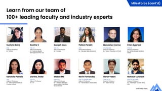 MilesForce (cont’d)
Learn from our team of
100+ leading faculty and industry experts
and many more...
Mahavir Lunawat
CPA, CA, Dip in IFRS
Adjunct Professor
Ex - Deloitte & Touché (M.E),
UAE
Madan MG
CMA, CPA
Adjunct Professor
Ex - Deepak Neeraj &
Associated Chartered
Accountants
Manobhav Verma
CPA, CA, DISA
Adjunct Professor
Ex - Grant Thornton LLP (US)
Kiran Agarwal
CPA, CA
Adjunct Professor
Ex - KPMG Global Services
(KGS)
Sanchita Patnaik
CPA
Adjunct Professor
Ex - 3NS Capital Venture
Private Limited
Varsha Jindal
CPA, CA
Adjunct Professor
Ex - EY
Nevin Fernandes
CPA, CA, Dip IFRS, DISA
Adjunct Professor
Ex - Fernandes & Associates
Harsh Yadav
CPA, CA, CS
Adjunct Professor
Ex - Adani Group
Sucheta Kalra
CPA
Adjunct Professor
Ex - KPMG
Swetha V
CPA, CS
Adjunct Professor
Ex - Ksema Wealth
Management Pvt. Ltd.
Ganesh More
CPA, CA
Adjunct Professor
Ex - Infosys
Pallavi Parekh
CMA
Associate Professor
Ex - Percept Web Solutions
 