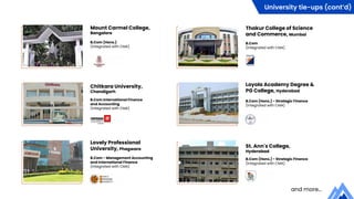University tie-ups (cont’d)
and more...
Loyola Academy Degree &
PG College, Hyderabad
B.Com (Hons.) - Strategic Finance
(Integrated with CMA)
Lovely Professional
University, Phagwara
B.Com - Management Accounting
and International Finance
(Integrated with CMA)
St. Ann's College,
Hyderabad
B.Com (Hons.) - Strategic Finance
(Integrated with CMA)
Mount Carmel College,
Bangalore
B.Com (Hons.)
(Integrated with CMA)
Thakur College of Science
and Commerce, Mumbai
B.Com
(Integrated with CMA)
Chitkara University,
Chandigarh
B.Com International Finance
and Accounting
(Integrated with CMA)
 