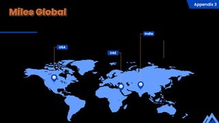 Miles Global
Presence in 20+ locations across the globe
Chicago
Los Angeles
New York
USA
Dubai
UAE
India
Ahmedabad
Bangalore
Chandigarh
Chennai
New Delhi
Hyderabad
Indore
Kochi
Kolkata
Lucknow
Mumbai
Mysore
Nagpur
Pune
Trivandrum
Appendix 3
 