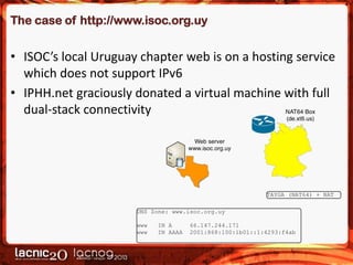 The case of http://www.isoc.org.uy

• ISOC’s local Uruguay chapter web is on a hosting service
which does not support IPv6
• IPHH.net graciously donated a virtual machine with full
dual-stack connectivity

 