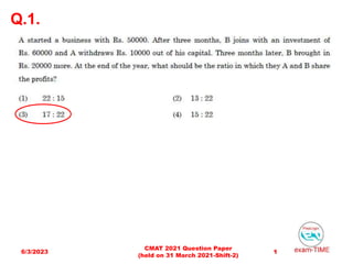 Q.1.
6/3/2023 1
CMAT 2021 Question Paper
(held on 31 March 2021-Shift-2)
 