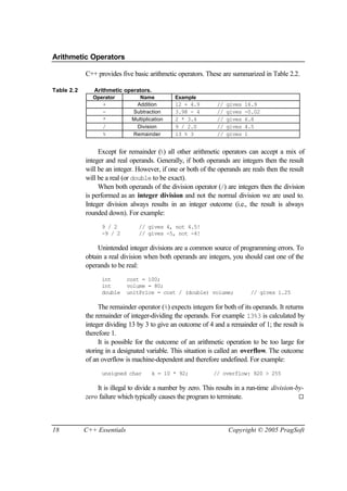 Arithmetic Operators

            C++ provides five basic arithmetic operators. These are summarized in Table 2.2.

Table 2.2      Arithmetic operators.
               Operator          Name          Example
                  +            Addition        12 + 4.9        //   gives   16.9
                  -           Subtraction      3.98 - 4        //   gives   -0.02
                  *           Multiplication   2 * 3.4         //   gives   6.8
                  /            Division        9 / 2.0         //   gives   4.5
                  %           Remainder        13 % 3          //   gives   1


                 Except for remainder (%) all other arithmetic operators can accept a mix of
            integer and real operands. Generally, if both operands are integers then the result
            will be an integer. However, if one or both of the operands are reals then the result
            will be a real (or double to be exact).
                 When both operands of the division operator (/) are integers then the division
            is performed as an integer division and not the normal division we are used to.
            Integer division always results in an integer outcome (i.e., the result is always
            rounded down). For example:
                  9 / 2          // gives 4, not 4.5!
                  -9 / 2         // gives -5, not -4!

                 Unintended integer divisions are a common source of programming errors. To
            obtain a real division when both operands are integers, you should cast one of the
            operands to be real:
                  int        cost = 100;
                  int        volume = 80;
                  double     unitPrice = cost / (double) volume;             // gives 1.25

                 The remainder operator (%) expects integers for both of its operands. It returns
            the remainder of integer-dividing the operands. For example 13%3 is calculated by
            integer dividing 13 by 3 to give an outcome of 4 and a remainder of 1; the result is
            therefore 1.
                 It is possible for the outcome of an arithmetic operation to be too large for
            storing in a designated variable. This situation is called an overflow. The outcome
            of an overflow is machine-dependent and therefore undefined. For example:
                  unsigned char       k = 10 * 92;           // overflow: 920 > 255

                It is illegal to divide a number by zero. This results in a run-time division-by-
            zero failure which typically causes the program to terminate.                      ¨




18          C++ Essentials                                          Copyright © 2005 PragSoft
 