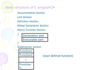 Basic structure of C program :- Documentation Section Link Section Definition Section Global Declaration Section Main() Function Section { }  Subprogram section (User defined function) Declaration part Executable part Function1 Function2 - Function n 