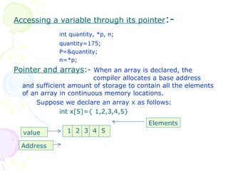 Accessing a variable through its pointer :-  int quantity, *p, n; quantity=175; P=&quantity; n=*p; Pointer and arrays :-  When an array is declared, the    compiler allocates a base address and sufficient amount of storage to contain all the elements of an array in continuous memory locations. Suppose we declare an array  x  as follows: int x[5]={ 1,2,3,4,5} 1  2  3  4  5 Elements value Address 
