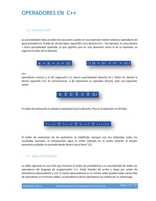 OPERADORES EN C++
MONITORIA 2012-3 UNIVERSIDAD DISTRITAL FRANCISCO JOSÉ DE CALDAS Página 16 / 19
3.2. ASOCIATIVIDAD
La asociatividad indica el orden de ejecución cuando en una expresión existen diversos operadores de
igual precedencia. Puede ser de dos tipos: izquierda (→) o derecha (←) . Por ejemplo, la suma binaria
+ tiene asociatividad izquierda, lo que significa que en una expresión como la de la izquierda, se
seguiría el orden de la derecha:
Los
operadores unarios y el de asignación (=), tienen asociatividad derecha (←). Todos los demás la
tienen izquierda (→). En consecuencia, si @ representa un operador binario, ante una expresión
como:
El orden de evaluación es desde la izquierda hacia la derecha. Pero si la expresión es del tipo:
El orden de evaluación de los paréntesis es indefinido. Aunque una vez obtenidos todos los
resultados parciales, la computación sigue el orden indicado en el punto anterior. Si existen
paréntesis anidados se procede desde dentro hacia fuera” [2].
3.3. TABLA DE RESUMEN
La tabla siguiente es una lista que muestra el orden de precedencia y la asociatividad de todos los
operadores del lenguaje de programación C++. Están listados de arriba a abajo por orden de
precedencia descendente y con la misma descendencia en la misma celda (puede haber varias filas
de operadores en la misma celda). La precedencia de los operadores no cambia por la sobrecarga.
 