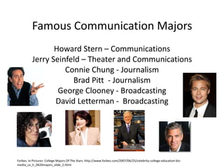 Famous Communication Majors
                 Howard Stern – Communications
          Jerry Seinfeld – Theater and Communications
                    Connie Chung - Journalism
                      Brad Pitt - Journalism
                  George Clooney - Broadcasting
                 David Letterman - Broadcasting




Forbes. In Pictures: College Majors Of The Stars. http://www.forbes.com/2007/06/25/celebrity-college-education-biz-
media_cx_lr_0626majors_slide_2.html
 