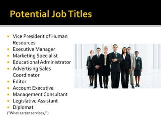  Vice President of Human
Resources
 Executive Manager
 Marketing Specialist
 Educational Administrator
 Advertising Sales
Coordinator
 Editor
 Account Executive
 Management Consultant
 Legislative Assistant
 Diplomat
("What career services," )
 