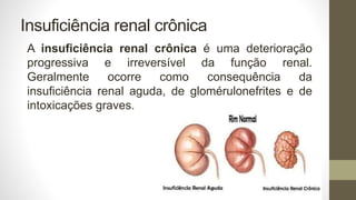 Insuficiência renal crônica
A insuficiência renal crônica é uma deterioração
progressiva e irreversível da função renal.
Geralmente ocorre como consequência da
insuficiência renal aguda, de glomérulonefrites e de
intoxicações graves.
 