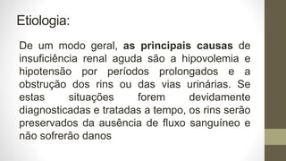 Etiologia:
De um modo geral, as principais causas de
insuficiência renal aguda são a hipovolemia e
hipotensão por períodos prolongados e a
obstrução dos rins ou das vias urinárias. Se
estas situações forem devidamente
diagnosticadas e tratadas a tempo, os rins serão
preservados da ausência de fluxo sanguíneo e
não sofrerão danos
 