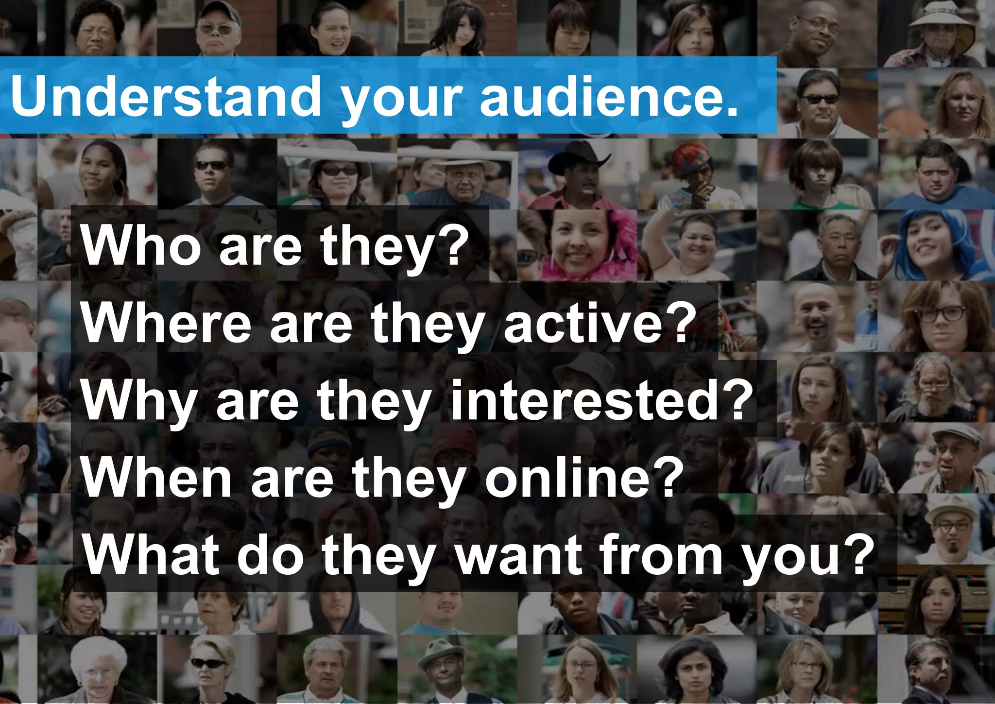 Understand your audience.
Who are they?
Where are they active?
Why are they interested?
When are they online?
What do they want from you?
 