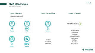 CMA USA Exams
Tests that you qualify
2 Exams – each of
Exams – Scheduling
Jan-Feb
May-June
Sept-Oct
Ahmedabad
Bangalore
Chennai
Gurgaon/Delhi
Hyderabad
Kolkata
Mumbai
Trivandrum
Exams – Centers
Exams – Pattern
 