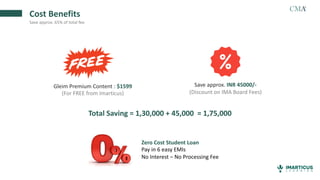 Cost Benefits
Save approx. 65% of total fee
Gleim Premium Content : $1599
(For FREE from Imarticus)
Save approx. INR 45000/-
(Discount on IMA Board Fees)
Total Saving = 1,30,000 + 45,000 = 1,75,000
Zero Cost Student Loan
Pay in 6 easy EMIs
No Interest – No Processing Fee
 