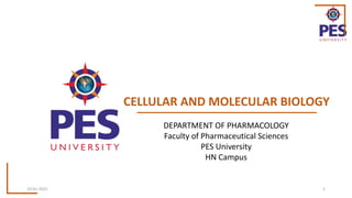CELLULAR AND MOLECULAR BIOLOGY
19-01-2022 1
DEPARTMENT OF PHARMACOLOGY
Faculty of Pharmaceutical Sciences
PES University
HN Campus
 