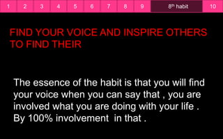 1 8th habit2 3 4 5 6 7 8 9 10
The essence of the habit is that you will find
your voice when you can say that , you are
involved what you are doing with your life .
By 100% involvement in that .
FIND YOUR VOICE AND INSPIRE OTHERS
TO FIND THEIR
 