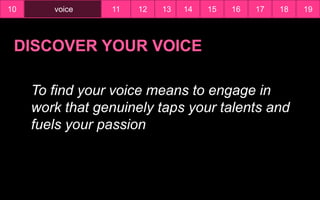 To find your voice means to engage in
work that genuinely taps your talents and
fuels your passion
10 12 13 14 15 16 17 18 19voice 11
 