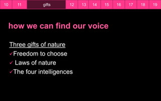 Three gifts of nature
Freedom to choose
 Laws of nature
The four intelligences
10 12 13 14 15 16 17 18 19gifts11
 