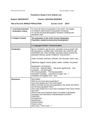 FPA ALTO PALANCIA Azucena Badenes Negre
Template to design a CLIL didactic unit
Subject: GEOGRAPHY Teacher: AZUCENA BADENES
Title of the Unit: WORLD POPULATION Course / Level GES I
1. Learning outcomes
/ Evaluation criteria
To know the history of population in the world. Two stages
To research about factors of population increasing
To use the principal demographic indicators. Working with
population data
2. Subject Content The population in the world. Human Geography
Population related to economical development
3. Language Content / Communication
Vocabulary Nouns: Inhabitant, age structure, population annual growth rate,
life expectancy, mortality rates, total death rate, total birth rate,
total fertility rate, infant mortality, population below poverty line,
population density, gender imbalance, improvement,…
Verbs: Increase, decrease, estimate, rise, fluctuate, reach, rose,…
Adjectives: biggest, lowest, global, stable, unstable, the greater
Expressions: According to…
In the last… Approximately… Has grown significantly… Has
increased… has decreased
The most populated… The less populated…
Population is getting… population by (ages, sex…)
Population has slightly more…than
Structures ROUTINES.
What do you know about population?
How many people are in the world today?
Which countries are the most populated in the world? And Which
are the less populated? Why?
How many people are in your town nowadays? How many women
and men?
Which is the most important cause of mortality in developed
countries? And what about underdeveloped countries?
CONTENT
Comparatives
Superlatives
Present perfect
Passive voice
How many..? How much…?
 