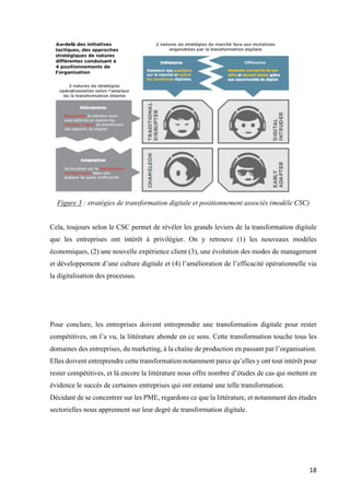 18	
Figure 3 : stratégies de transformation digitale et positionnement associés (modèle CSC)
Cela, toujours selon le CSC permet de révéler les grands leviers de la transformation digitale
que les entreprises ont intérêt à privilégier. On y retrouve (1) les nouveaux modèles
économiques, (2) une nouvelle expérience client (3), une évolution des modes de management
et développement d’une culture digitale et (4) l’amélioration de l’efficacité opérationnelle via
la digitalisation des processus.
Pour conclure, les entreprises doivent entreprendre une transformation digitale pour rester
compétitives, on l’a vu, la littérature abonde en ce sens. Cette transformation touche tous les
domaines des entreprises, du marketing, à la chaîne de production en passant par l’organisation.
Elles doivent entreprendre cette transformation notamment parce qu’elles y ont tout intérêt pour
rester compétitives, et là encore la littérature nous offre nombre d’études de cas qui mettent en
évidence le succès de certaines entreprises qui ont entamé une telle transformation.
Décidant de se concentrer sur les PME, regardons ce que la littérature, et notamment des études
sectorielles nous apprennent sur leur degré de transformation digitale.
 