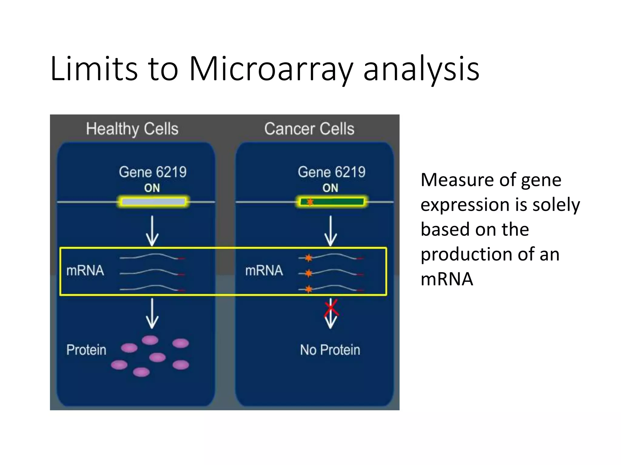 Limits to Microarray analysis
Measure of gene
expression is solely
based on the
production of an
mRNA