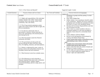 Content Area: Social Studies Course/Grade Level: 5th Grade 
Unit 4: A New Nation and Beyond!! Suggested Length: 6 weeks 
Essential Questions Program of Studies and Core Content Key Terms and Vocabulary Classroom Instruction and Assessment 
Student will: 
president 
1.3.1 Rights and responsibilities of the individual 
extend to specific roles within various groups 
including: family, peer groups, school, class, 
community, state, and country. 
1.3.2 The US government guarantees certain 
rights such as those found in the Bill of rights, the 
first ten amendments. 
1.3.3 In order for a democratic form of 
government to function, citizens must play an 
active role: participating in the election process, 
and obeying the law. 
3.2.2 The US economic system has financial 
institutions like banks. 
3.4.2 The government provides goods and 
services and pays for them with taxes: police 
force, fire fighting, education, and food surpluses. 
5.1.2 History is understood by using: variety of 
primary sources and tools(artifacts, diaries), and 
secondary sources and tools (timelines). 
5.1.3 Most historical events have multiple causes. 
5.2.5 The following are used to describe or 
illustrate important ideas and events in Kentucky 
and American history: symbols, slogans, 
monuments/buildings, patriotic songs, poems, and 
passages. 
amendment in groups and then putting it in their 
own words. 
· Sing a Bill of Rights Rap 
· Debate whether a new amendment should be added 
to the constitution. Students will receive imaginary 
amendment and will debate the amendment to show 
how hard it is to get a new amendment passed. 
· Develop web for Citizens Responsibilities and what 
the Government Provides. 
· Write a letter to a council member to discuss a 
community problem or to the local newspaper to 
nominate a local citizen for a citizenship award. 
(WP) 
· Create a Balance of Powers Mobile 
· Review Levels and Branches of Government by 
working with Bulletin Board Daily. 
· Create a picture book, poster or PowerPoint to show 
understanding of unit. Rubric will assess 
work. 
· Complete Test on Government which will include 
multiple choice and an open response 
· Create a chart that shows the system of checks and 
balances in a home or school 
· List the rights and responsibilities a person should 
have in a school setting and compare these to 
citizens’ rights and responsibilities. 
Bracken County Schools Curriculum Guide Pathway to Proficiency Page 13 
 