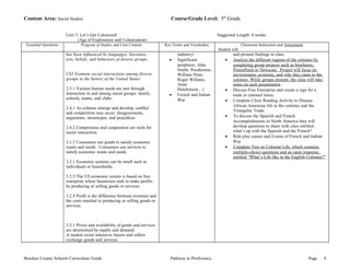 Content Area: Social Studies Course/Grade Level: 5th Grade 
Unit 3: Let’s Get Colonized! 
(Age of Exploration and Colonization) 
Suggested Length: 6 weeks 
Essential Questions Program of Studies and Core Content Key Terms and Vocabulary Classroom Instruction and Assessment 
Student will: 
has been influenced by languages, literature, 
arts, beliefs, and behaviors of diverse groups. 
CS3 Examine social interactions among diverse 
groups in the history of the United States. 
2.3.1 Various human needs are met through 
interaction in and among social groups: family, 
schools, teams, and clubs. 
2.4.1 As cultures emerge and develop, conflict 
and competition may occur: disagreements, 
arguments, stereotypes, and prejudices. 
2.4.2 Compromise and cooperation are tools for 
social interaction. 
3.1.2 Consumers use goods to satisfy economic 
wants and needs. Consumers use services to 
satisfy economic wants and needs. 
3.2.1 Economic systems can be small such as 
individuals or households. 
3.2.3 The US economic system is based on free 
enterprise where businesses seek to make profits 
by producing or selling goods or services. 
3.2.4 Profit is the difference between revenues and 
the costs entailed in producing or selling goods or 
services. 
3.3.1 Prices and availability of goods and services 
are determined by supply and demand. 
A market exists whenever buyers and sellers 
exchange goods and services. 
industry) 
· Significant 
people(ex- John 
Smith, Pocahontas, 
William Penn, 
Roger Willams, 
Anne 
Hutchinson…) 
· French and Indian 
War 
and present findings to class 
· Analyze the different regions of the colonies by 
completing group projects such as brochures, 
PowerPoint or Newscast. Project will focus on 
environment, economy, and why they came to the 
colonies. While groups present, the class will take 
notes on each presentation. 
· Discuss Free Enterprise and create a sign for a 
trade in colonial times. 
· Complete Cloze Reading Activity to Discuss 
African American life in the colonies and the 
Triangular Trade. 
· To discuss the Spanish and French 
Accomplishments in North America they will 
develop questions to share with class entitled 
what’s up with the Spanish and the French? 
· Role play causes and Events of French and Indian 
War 
· Complete Test on Colonial Life, which contains 
multiple-choice questions and an open response, 
entitled “What’s Life like in the English Colonies?” 
Bracken County Schools Curriculum Guide Pathway to Proficiency Page 8 
 