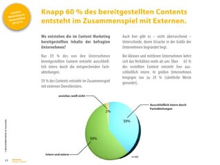 Content
Marketing in
Deutschland
2014/15
©
BRESSLER
BRAND
CONTENT,
Inh.
Florian
Breßler
Knapp 60 % des bereitgestellten Contents
entsteht im Zusammenspiel mit Externen.
17
Wo entstehen die im Content Marketing
bereitgestellten Inhalte der befragten
Unternehmen?
Nur 39 % des von den Unternehmen
bereitgestellten Content entsteht ausschließ-
lich intern durch die entsprechenden Fach-
abteilungen.
59 % des Contents entsteht im Zusammenspiel
mit externen Dienstleistern.
Auch hier gibt es – nicht überraschend –
Unterschiede, deren Ursache in der Größe der
Unternehmen begründet liegt.
Bei kleinen und mittleren Unternehmen kehrt
sich das Verhältnis mehr als um: Über 65 %
des erstellten Content entsteht hier aus-
schließlich intern. In großen Unternehmen
hingegen nur zu 29 % (sämtliche Werte
gerundet).
 