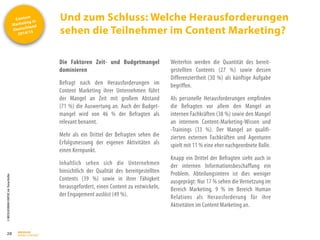 Content
Marketing in
Deutschland
2014/15
©
BRESSLER
BRAND
CONTENT,
Inh.
Florian
Breßler
Und zum Schluss: Welche Herausforderungen
sehen die Teilnehmer im Content Marketing?
28
Die Faktoren Zeit- und Budgetmangel
dominieren
Befragt nach den Herausforderungen im
Content Marketing ihrer Unternehmen führt
der Mangel an Zeit mit großem Abstand
(71 %) die Auswertung an. Auch der Budget-
mangel wird von 46 % der Befragten als
relevant benannt.
Mehr als ein Drittel der Befragten sehen die
Erfolgsmessung der eigenen Aktivitäten als
einen Kernpunkt.
Inhaltlich sehen sich die Unternehmen
hinsichtlich der Qualität des bereitgestellten
Contents (39 %) sowie in ihrer Fähigkeit
herausgefordert, einen Content zu entwickeln,
der Engagement auslöst (49 %).
Weiterhin werden die Quantität des bereit-
gestellten Contents (27 %) sowie dessen
Differenziertheit (30 %) als künftige Aufgabe
begriffen.
Als personelle Herausforderungen empfinden
die Befragten vor allem den Mangel an
internen Fachkräften (38 %) sowie den Mangel
an internem Content-Marketing-Wissen und
-Trainings (33 %). Der Mangel an qualifi-
zierten externen Fachkräften und Agenturen
spielt mit 11 % eine eher nachgeordnete Rolle.
Knapp ein Drittel der Befragten sieht auch in
der internen Informationsbeschaffung ein
Problem. Abteilungsintern ist dies weniger
ausgeprägt: Nur 17 % sehen die Vernetzung im
Bereich Marketing, 9 % im Bereich Human
Relations als Herausforderung für ihre
Aktivitäten im Content Marketing an.
 