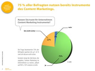 Content
Marketing in
Deutschland
2014/15
©
BRESSLER
BRAND
CONTENT,
Inh.
Florian
Breßler
75 % aller Befragten nutzen bereits Instrumente
des Content Marketings.
7
Nutzen Sie/nutzt Ihr Unternehmen
Content Marketing Instrumente?
Die Frage beantworten 75% der
Befragten spontan mit„ja“. 22 %
sind sich dessen nicht sicher.
Gestützt steigt die Zahl derer, die
angeben, Content Marketing im
Unternehmen zu nutzen, jedoch
auf 90 %. 10 % nutzen es nicht.
3%
75%
22%
nein
ja
n=209
bin nicht sicher
 