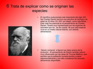 6 Trata de explicar como se originan las
especies:
● El científico evolucionista más importante del siglo XIX
fue Charles Darwin terminó sus estudios de teología a la
edad de 22 años. En 1831 se integró, como naturalista, .
Este viaje fue esencial en el pensamiento de Charles
Darwin. Quedó muy impresionado por las especies de
animales que vió . se dio cuenta de que cada especie
vivía en un medio natural distinto, con distinta
alimentación.
● Darwin comenzó a figurar sus ideas acerca de la
evolución. El pensamiento de Darwin también estuvo
muy influenciado por las ideas de Thomas Malthus, que
escribió que la población humana tendía a crecer
exponencialmente y con ello a acabarse los recursos
alimenticios disponibles.
 