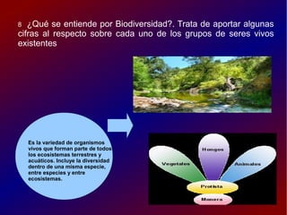 8 ¿Qué se entiende por Biodiversidad?. Trata de aportar algunas
cifras al respecto sobre cada uno de los grupos de seres vivos
existentes
Es la variedad de organismos
vivos que forman parte de todos
los ecosistemas terrestres y
acuáticos. Incluye la diversidad
dentro de una misma especie,
entre especies y entre
ecosistemas.
 