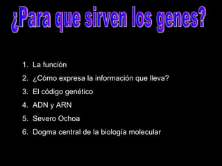 ¿Para que sirven los genes? ,[object Object],[object Object],[object Object],[object Object],[object Object],[object Object]