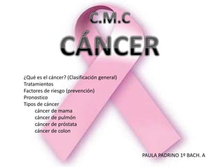 ¿Qué es el cáncer? (Clasificación general)
Tratamientos
Factores de riesgo (prevención)
Pronostico
Tipos de cáncer
     cáncer de mama
     cáncer de pulmón
     cáncer de próstata
     cáncer de colon



                                             PAULA PADRINO 1º BACH. A
 