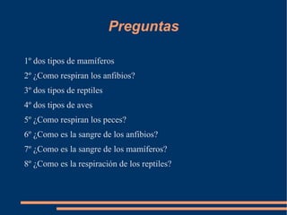 Preguntas

1º dos tipos de mamíferos
2º ¿Como respiran los anfibios?
3º dos tipos de reptiles
4º dos tipos de aves
5º ¿Como respiran los peces?
6º ¿Como es la sangre de los anfibios?
7º ¿Como es la sangre de los mamíferos?
8º ¿Como es la respiración de los reptiles?
 