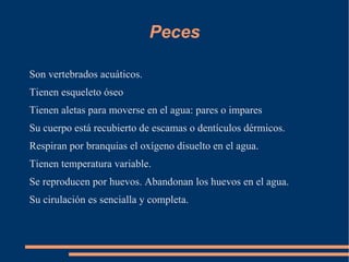 Peces

Son vertebrados acuáticos.
Tienen esqueleto óseo
Tienen aletas para moverse en el agua: pares o impares
Su cuerpo está recubierto de escamas o dentículos dérmicos.
Respiran por branquias el oxígeno disuelto en el agua.
Tienen temperatura variable.
Se reproducen por huevos. Abandonan los huevos en el agua.
Su cirulación es sencialla y completa.
 