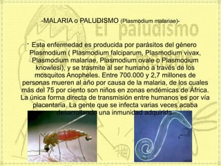 -MALARIA o PALUDISMO (Plasmodium malariae)-


 · Esta enfermedad es producida por parásitos del género
   Plasmodium ( Plasmodium falciparum, Plasmodium vivax,
    Plasmodium malariae, Plasmodium ovale o Plasmodium
     knowlesi), y se trasmite al ser humano a través de los
     mosquitos Anopheles. Entre 700.000 y 2,7 millones de
personas mueren al año por causa de la malaria, de los cuales
más del 75 por ciento son niños en zonas endémicas de África.
La única forma directa de transmisión entre humanos es por vía
    placentaria. La gente que se infecta varias veces acaba
            desarrollando una inmunidad adquirida.
 