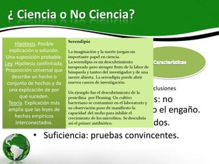 ¿ Ciencia o No Ciencia?

           • Método Científico
     Hipótesis. Posible
  explicación o solución.
                   – Observando
Una suposición probable.
                   – Planteando preguntas
Ley. Hipótesis confirmada.
Proposición universal que
                   – Emitiendo hipótesis
   describe un hecho o
                   – y da
 conjunto de hechos Experimentando
  una explicación – Analizando resultados y proponiendo conclusiones
                   de por
           • Honradez en los proponentes: no
       qué suceden.
  Teoría. Explicación más
             perseguir el fraude, el lucro o el engaño.
  amplia que las leyes de
     hechos empíricos
           • Repetitividad: en los resultados.
     interconectados.

           • Suficiencia: pruebas convincentes.
 