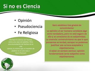 Si no es Ciencia

          • Opinión
          • Pseudociencia
          • Fe Religiosa
    «Se hace la ciencia con hechos,
   como una casa con piedras. Pero
  una acumulación de hechos no es
                  una
 ciencia, lo mismo que un montón de
       piedras no es una casa.»
             Henri Poincaré
 