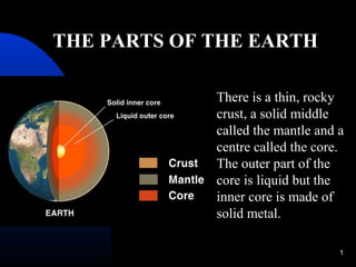 THE PARTS OF THE EARTH
There is a thin, rocky
crust, a solid middle
called the mantle and a
centre called the core.
The outer part of the
core is liquid but the
inner core is made of
solid metal.
1

 