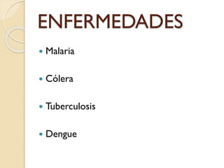 ENFERMEDADES


Malaria



Cólera



Tuberculosis



Dengue

 