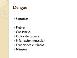 Dengue


Síntomas



Fiebre.
Cansancio.
Dolor de cabeza.
Inflamación muscular.
Erupciones cutáneas.
Náuseas.







 