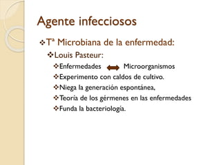 Agente infecciosos
Tª

Microbiana de la enfermedad:

Louis Pasteur:
Enfermedades
Microorganismos
Experimento con caldos de cultivo.
Niega la generación espontánea,
Teoría de los gérmenes en las enfermedades
Funda la bacteriología.

 
