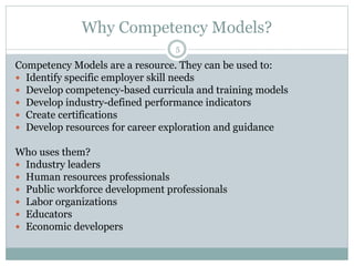 Why Competency Models?
Competency Models are a resource. They can be used to:
 Identify specific employer skill needs
 D...